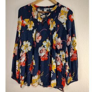 Old Navy Yellow Red Navy Blue Floral Print Long Sleeve Lace Up Neck Blouse Med